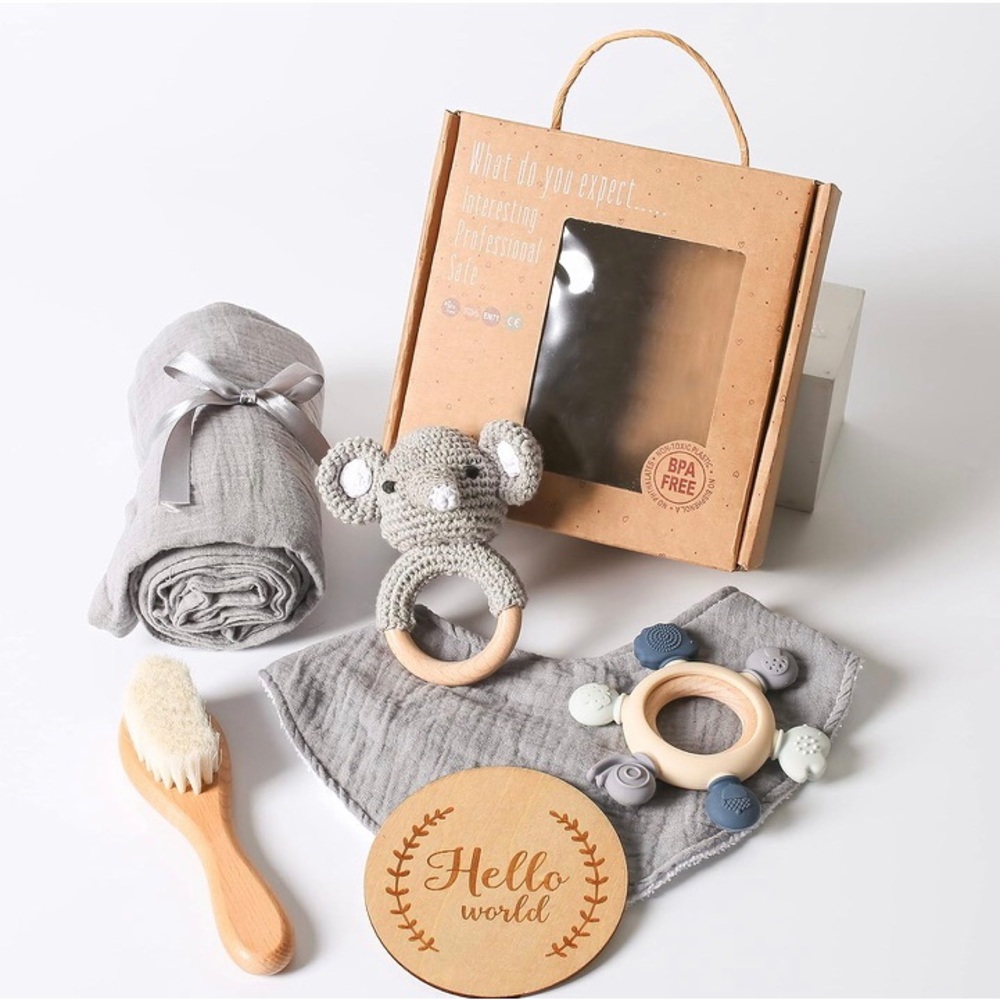 Grey Newborn Wooden Baby Shower Gift Set